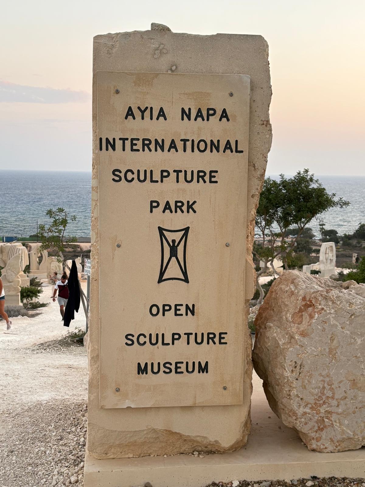 Entrance sign of Ayia Napa International Sculpture Park in Cyprus, marking the open-air sculpture museum.